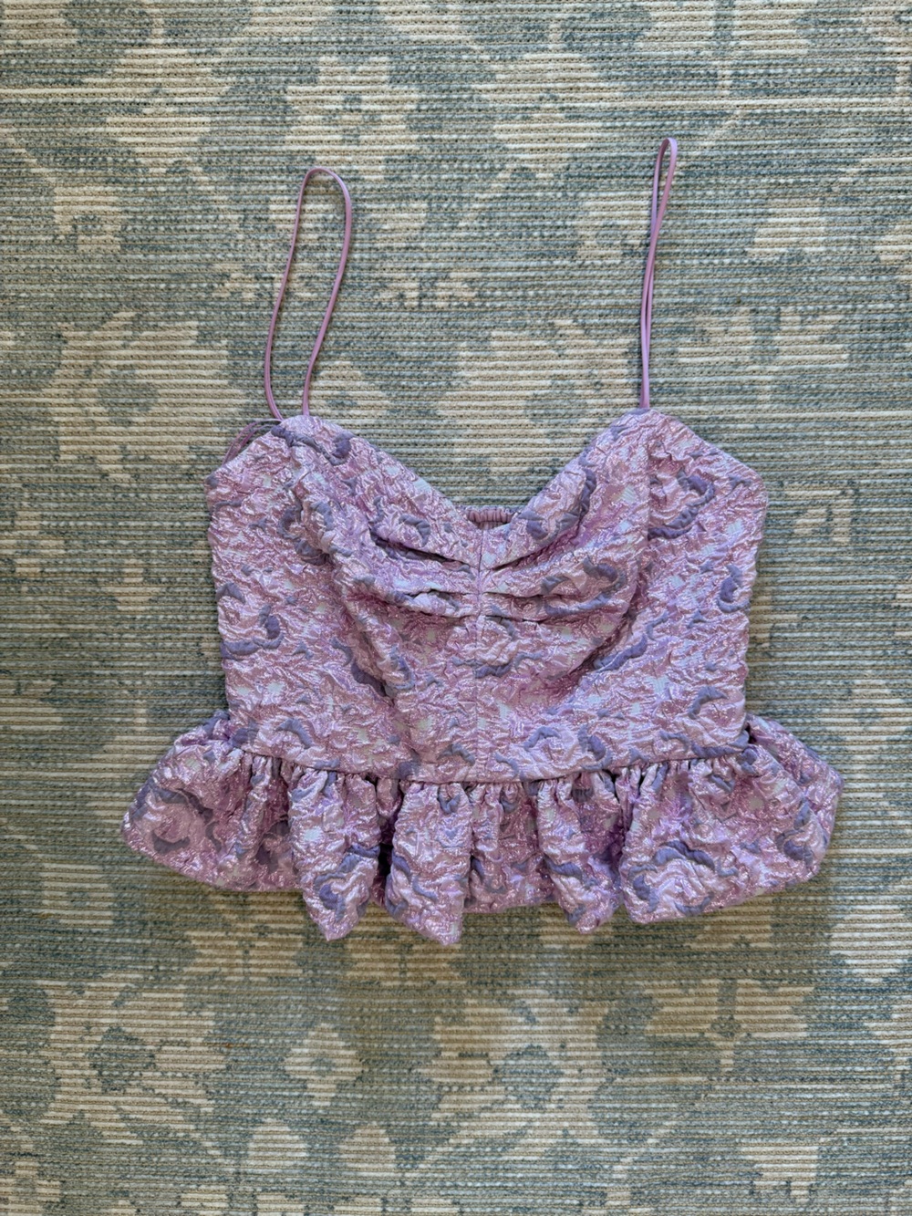 Zara Lilac Floral Metallic Textured Ruffle Tank Top